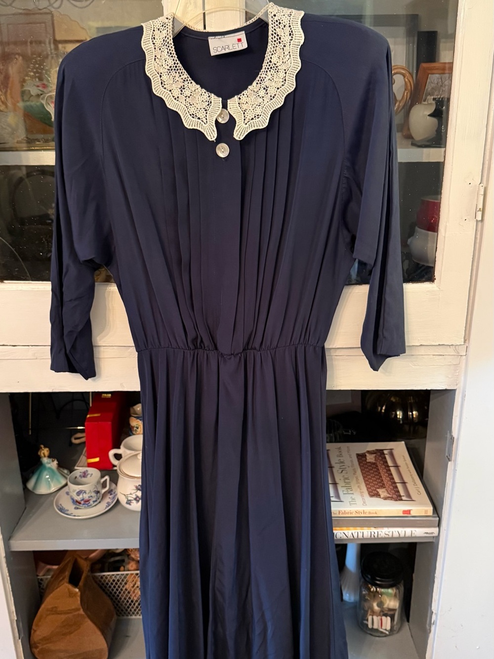 Vintage 90s Scarlett Navy Midi Dress with Cream Crochet Collar